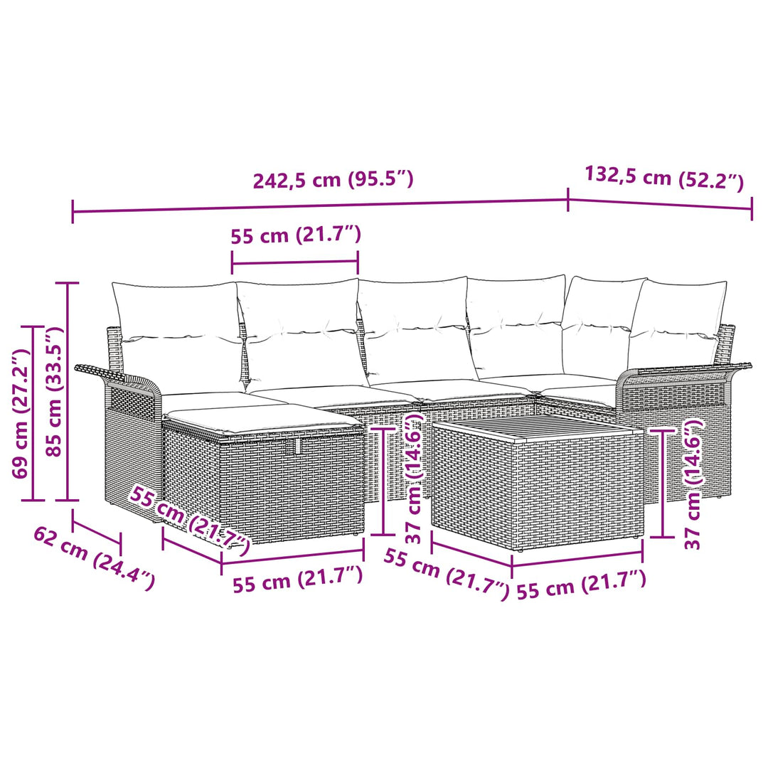 Havesofa Sæt med pude med opbevaring 7 pcs Grå polyrattan