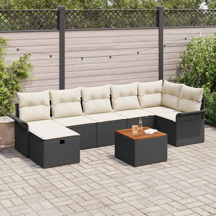 Havesofa Sæt med pude med opbevaring 8 pcs Sort polyrattan