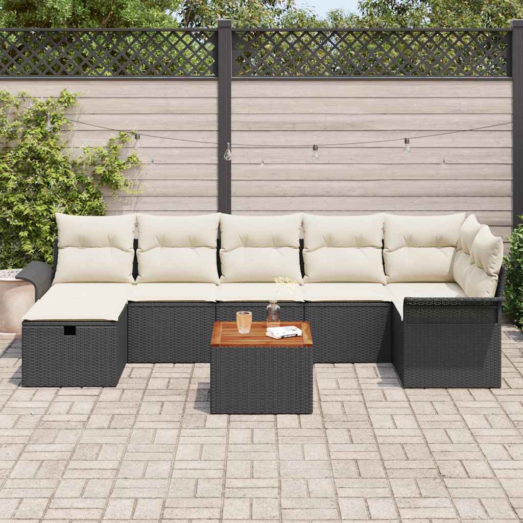 Havesofa Sæt med pude med opbevaring 8 pcs Sort polyrattan