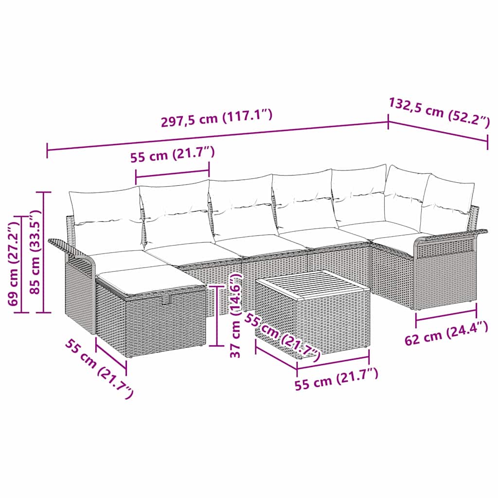 Havesofa Sæt med pude med opbevaring 8 pcs Sort polyrattan