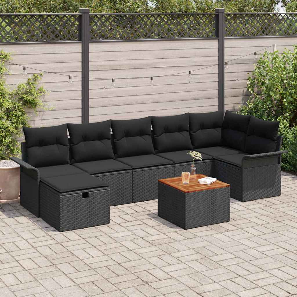 Havesofa Sæt med pude med opbevaring 8 pcs Sort polyrattan