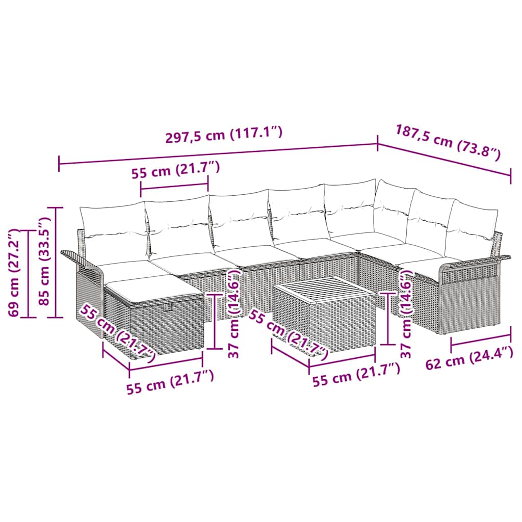 Havesofa Sæt 9 stk. Sort polyrattan
