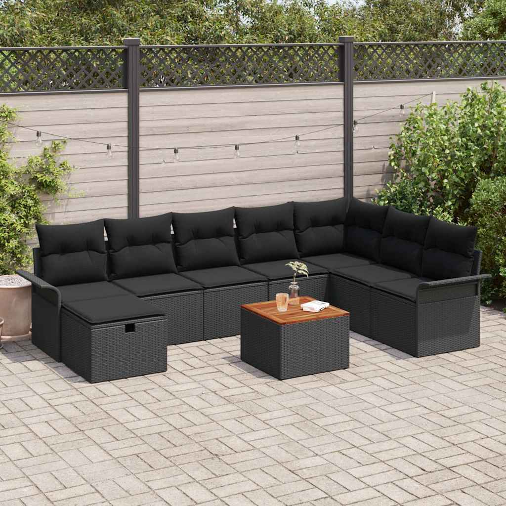 Havesofa Sæt med pude med opbevaring 9 pcs Sort polyrattan
