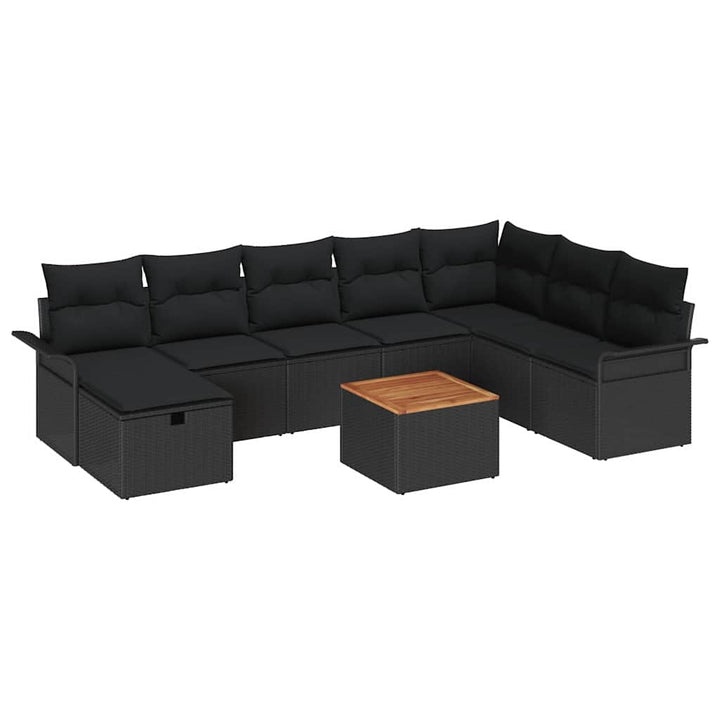 Havesofa Sæt med pude med opbevaring 9 pcs Sort polyrattan