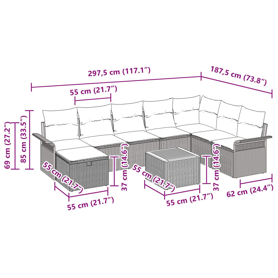 Havesofa Sæt med pude med opbevaring 9 pcs Grå polyrattan