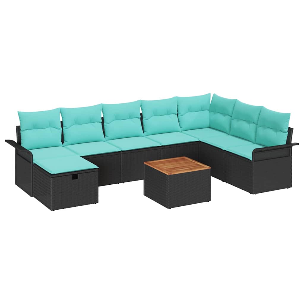 Havesofa Sæt med pude med opbevaring 9 pcs Sort polyrattan