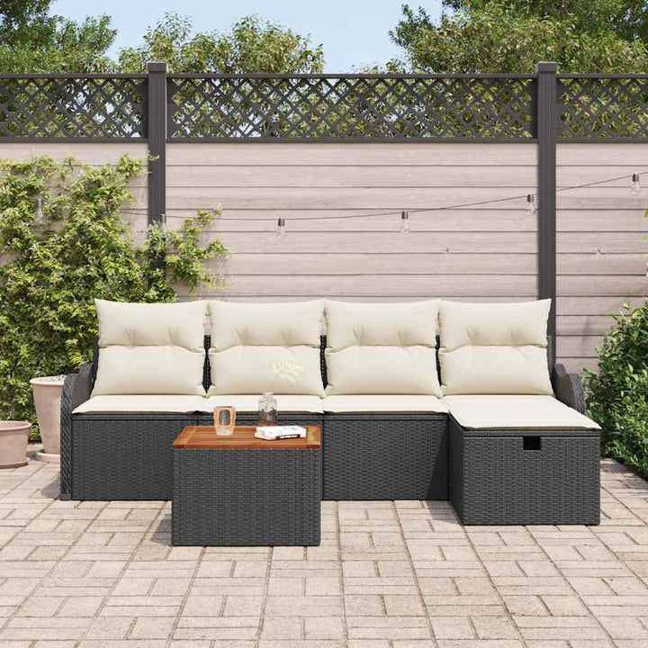 Havesofa Sæt med pude med opbevaring 6 pcs Sort polyrattan