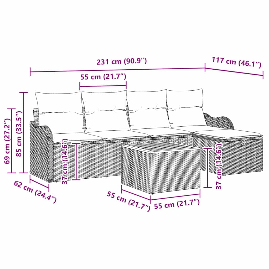 Havesofa Sæt med pude med opbevaring 6 pcs Sort polyrattan