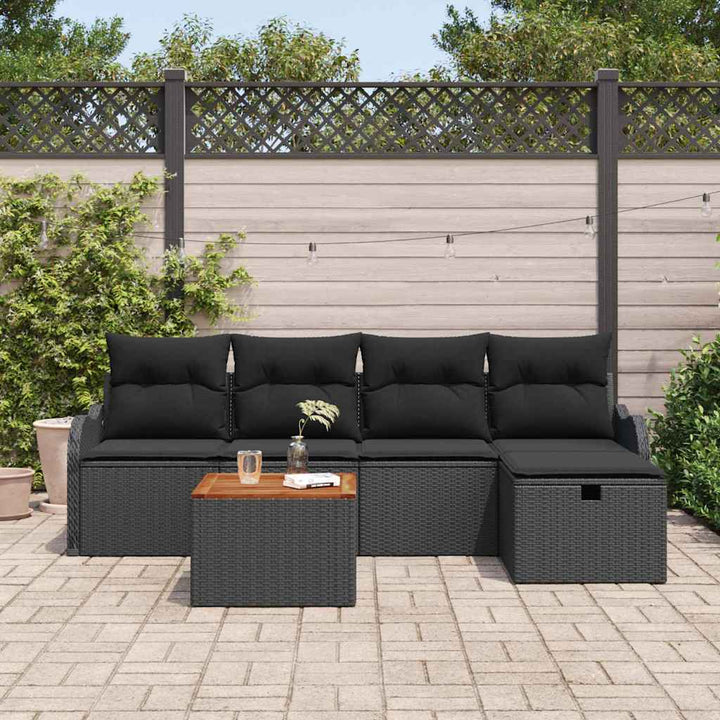 Havesofa Sæt med pude med opbevaring 6 pcs Sort polyrattan
