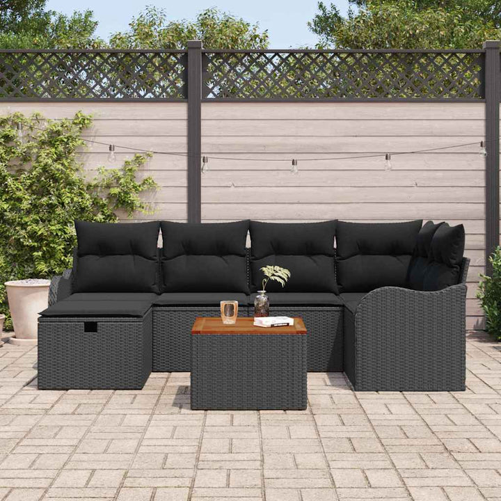 Havesofa Sæt med pude med opbevaring 7 pcs Sort polyrattan