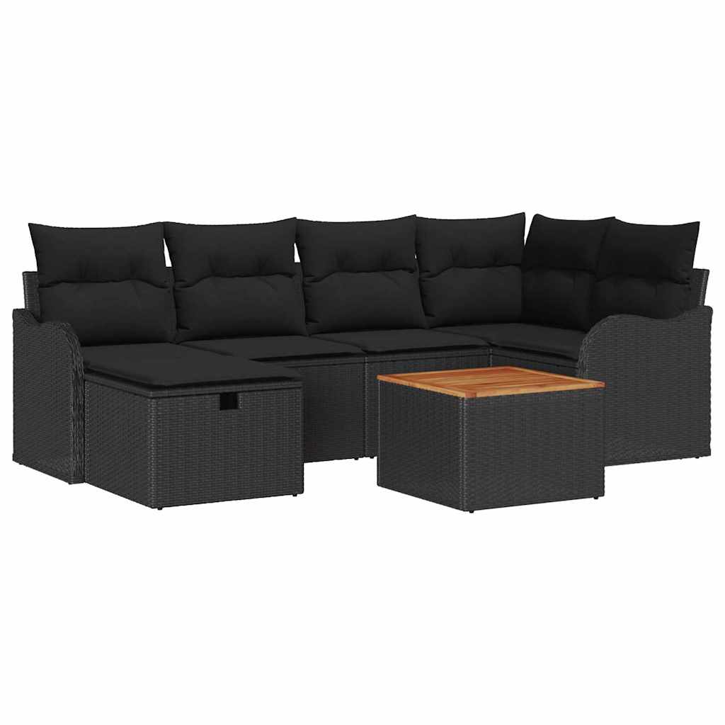 Havesofa Sæt med pude med opbevaring 7 pcs Sort polyrattan