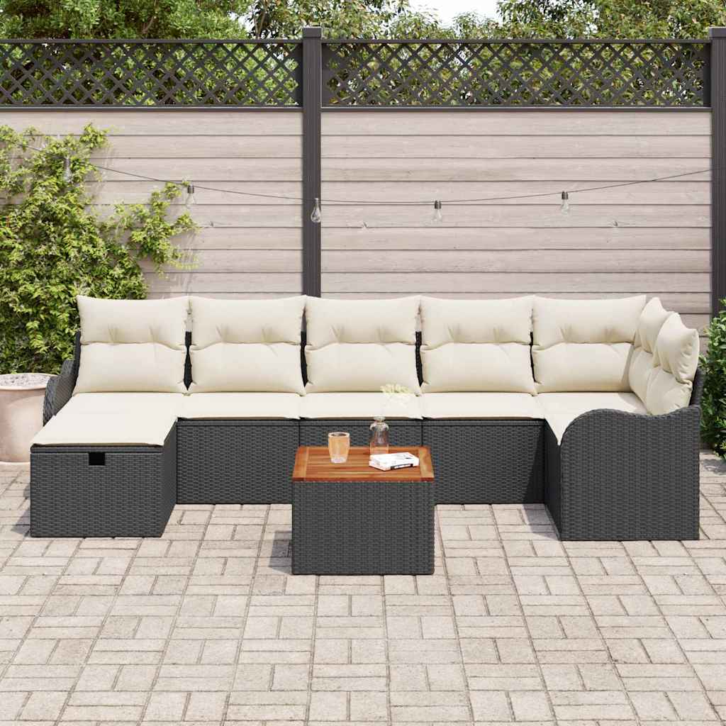 Havesofa Sæt med pude med opbevaring 8 pcs Sort polyrattan