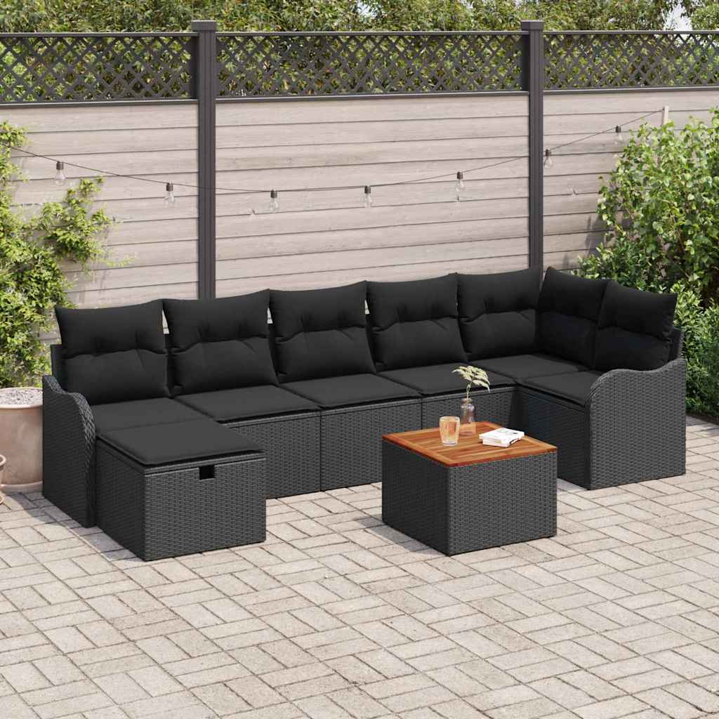 Havesofa Sæt med pude med opbevaring 8 pcs Sort polyrattan
