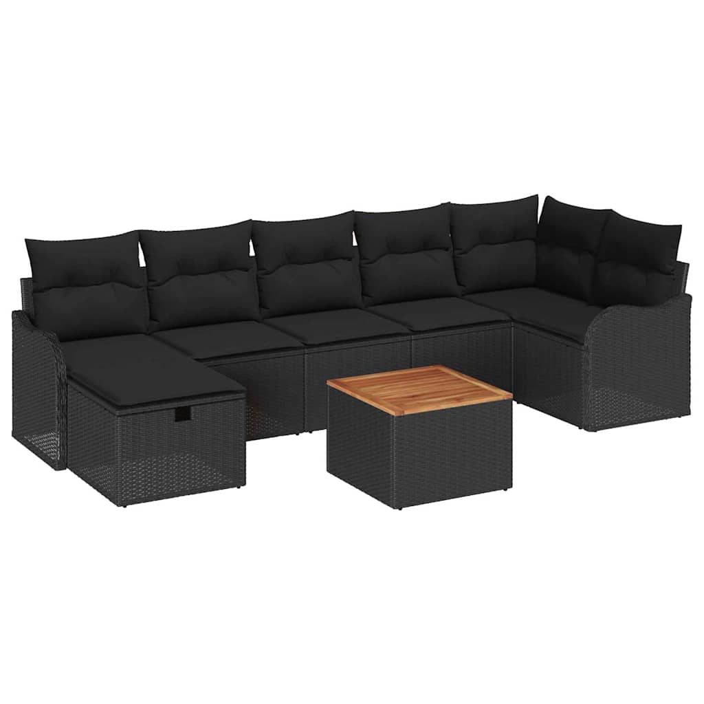 Havesofa Sæt med pude med opbevaring 8 pcs Sort polyrattan