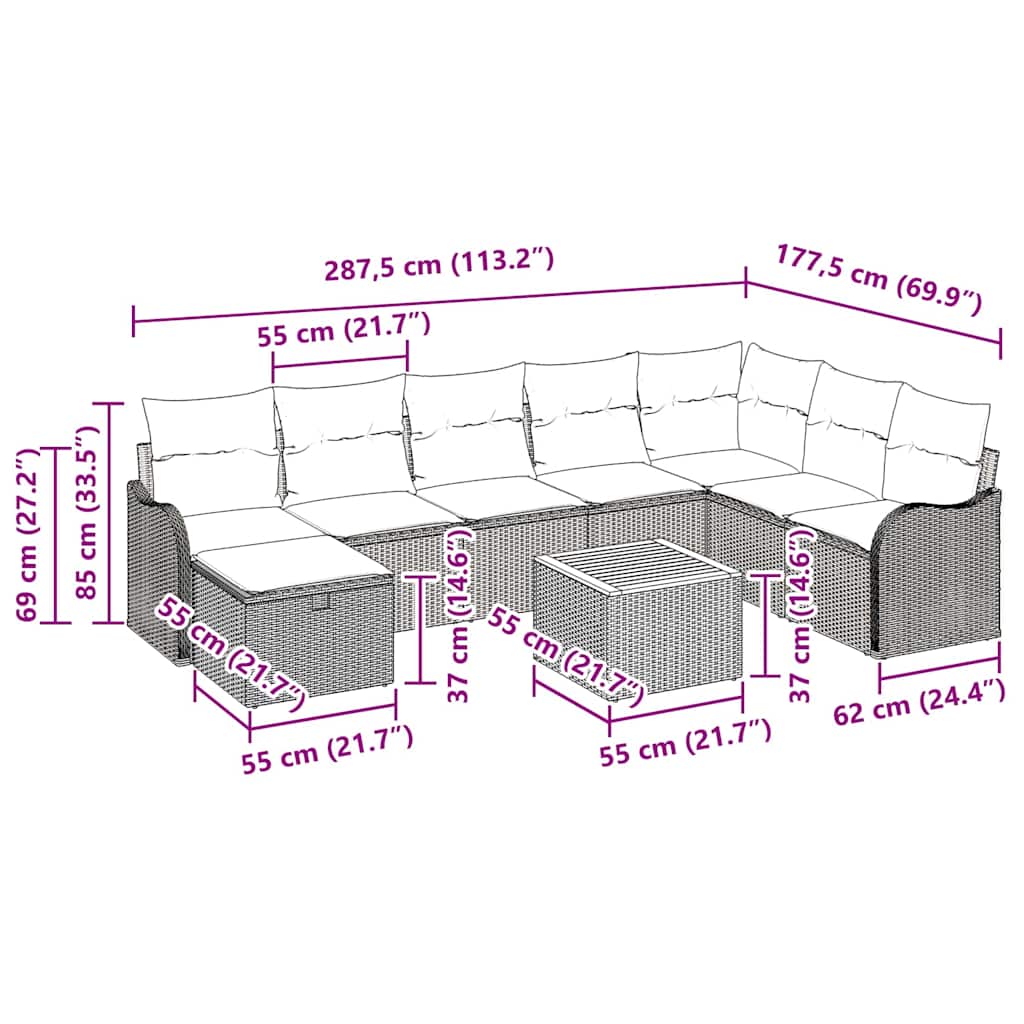 Havesofa Sæt 9 stk. Sort polyrattan