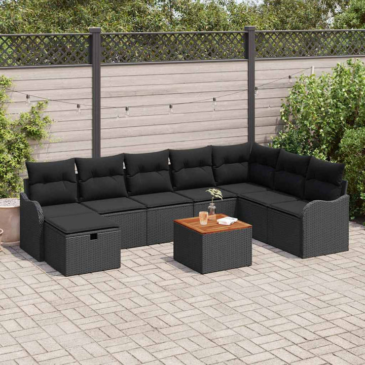 Havesofa Sæt med pude med opbevaring 9 pcs Sort polyrattan