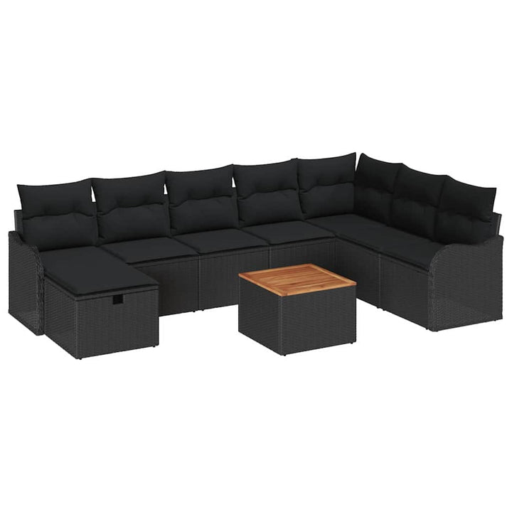 Havesofa Sæt med pude med opbevaring 9 pcs Sort polyrattan