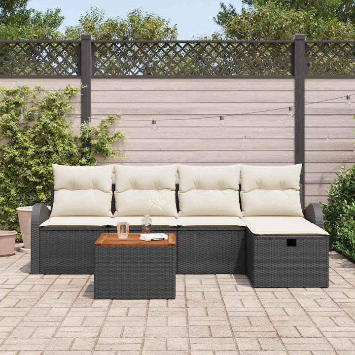 Havesofa Sæt med pude med opbevaring 6 pcs Sort polyrattan