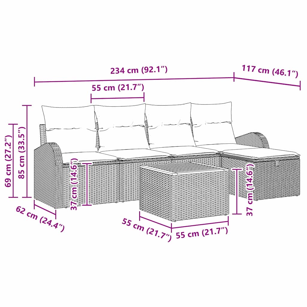 Havesofa Sæt med pude med opbevaring 6 pcs Sort polyrattan