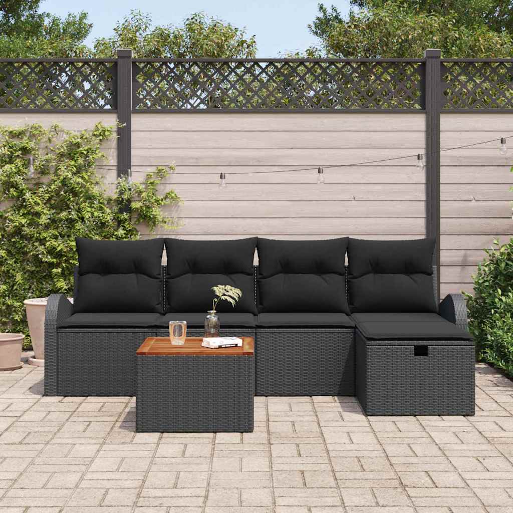 Havesofa Sæt med pude med opbevaring 6 pcs Sort polyrattan
