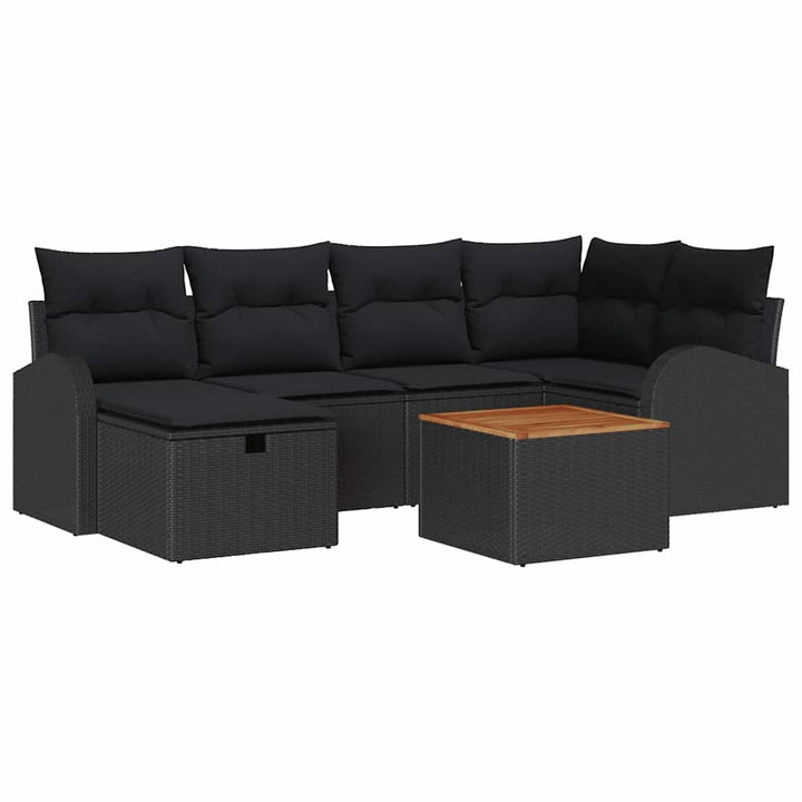 Havesofa Sæt med pude med opbevaring 7 pcs Sort polyrattan