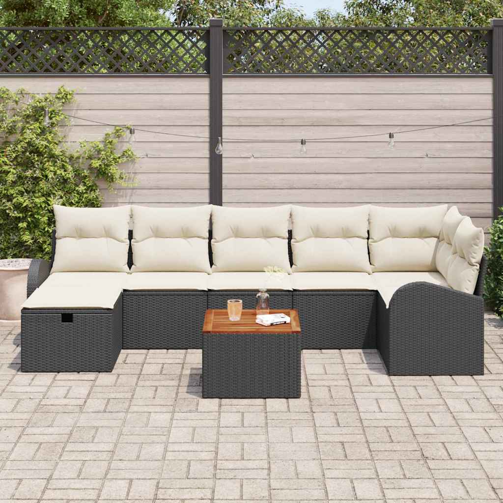 Havesofa Sæt med pude med opbevaring 8 pcs Sort polyrattan