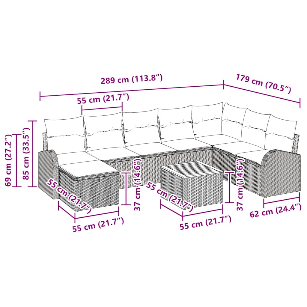 Havesofa Sæt 9 stk. Sort polyrattan