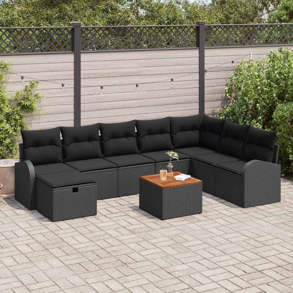 Havesofa Sæt med pude med opbevaring 9 pcs Sort polyrattan