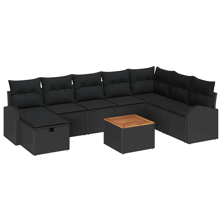 Havesofa Sæt med pude med opbevaring 9 pcs Sort polyrattan