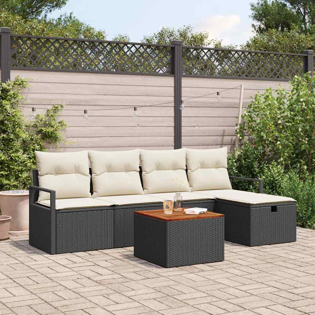 Havesofa Sæt med pude med opbevaring 6 pcs Sort polyrattan