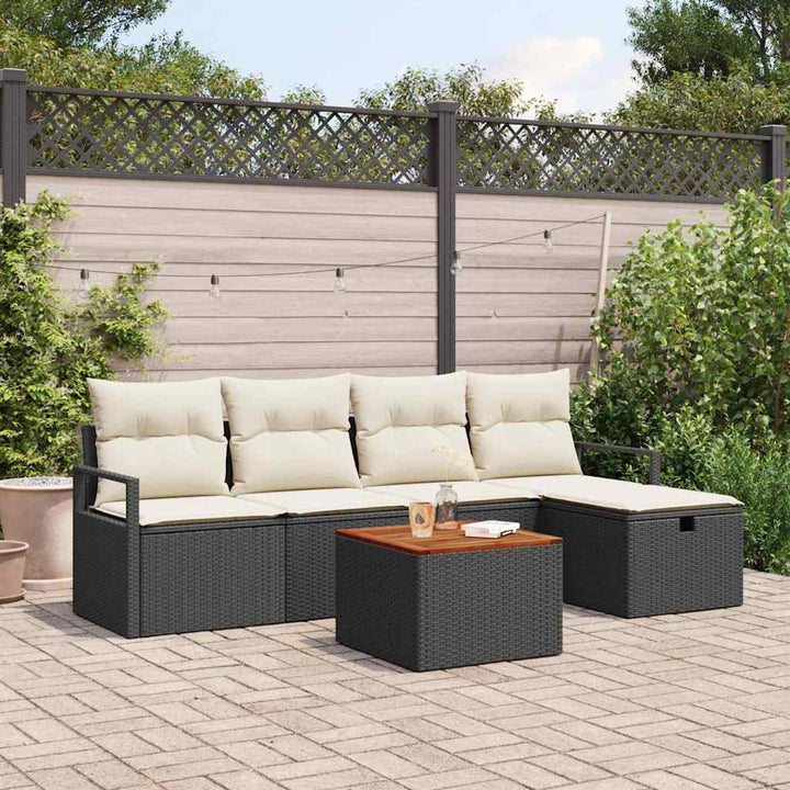 Havesofa Sæt med pude med opbevaring 6 pcs Sort polyrattan