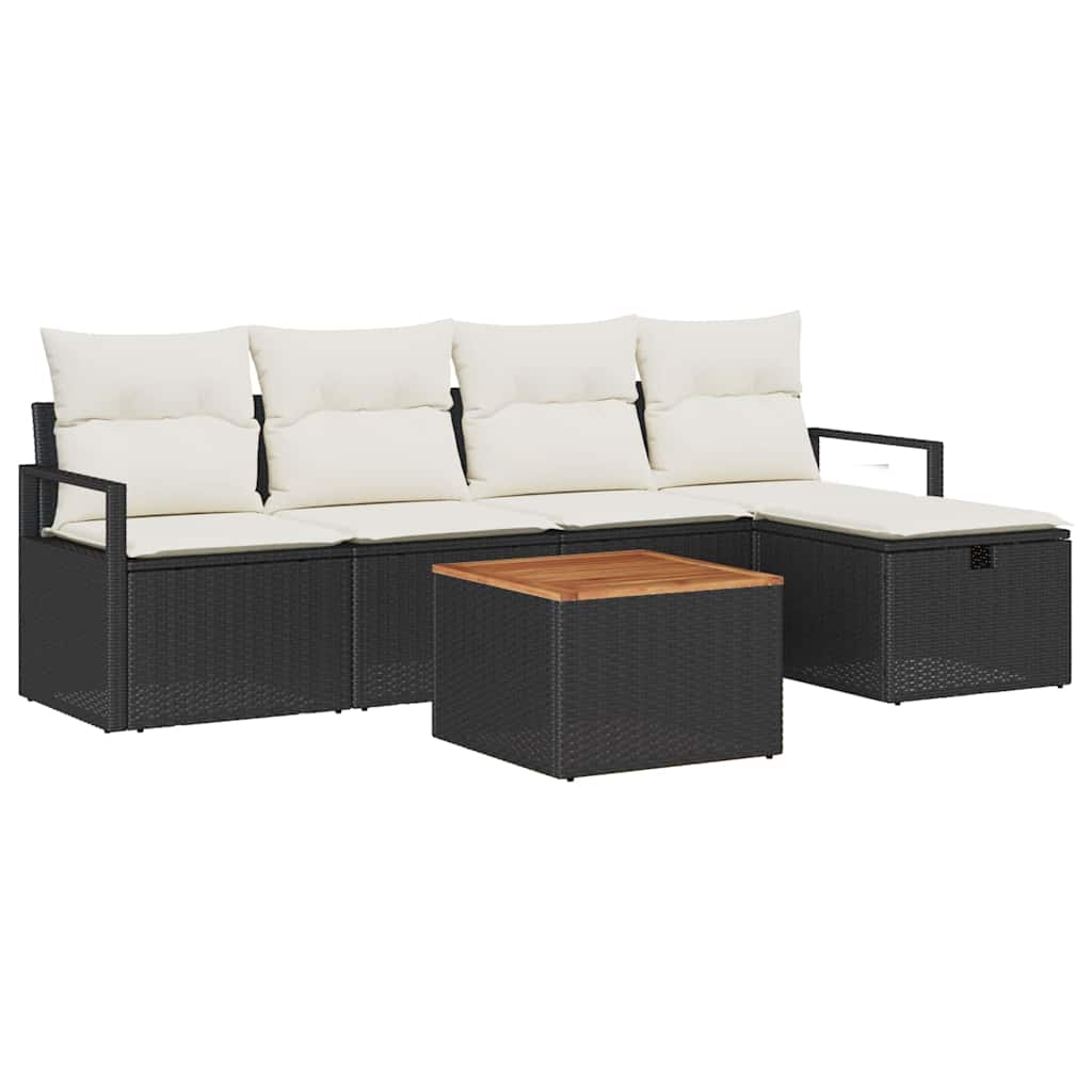 Havesofa Sæt med pude med opbevaring 6 pcs Sort polyrattan