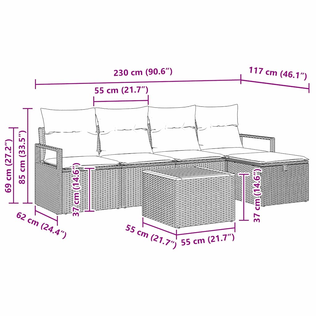 Havesofa Sæt med pude med opbevaring 6 pcs Sort polyrattan