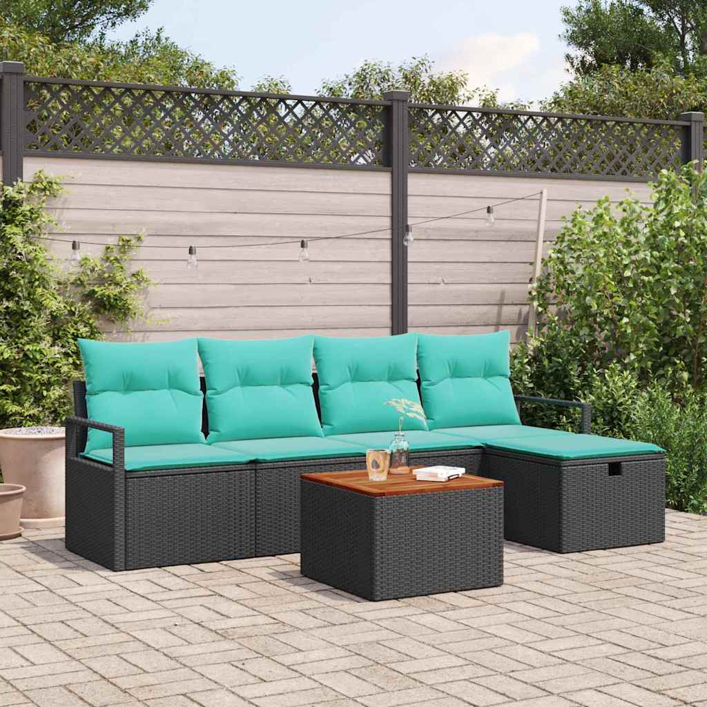 Havesofa Sæt med pude med opbevaring 6 pcs Sort polyrattan