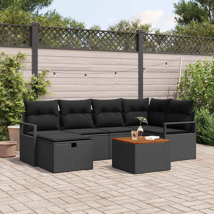 Havesofa Sæt med pude med opbevaring 7 pcs Sort polyrattan