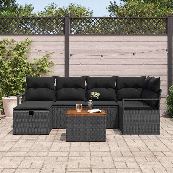 Havesofa Sæt med pude med opbevaring 7 pcs Sort polyrattan