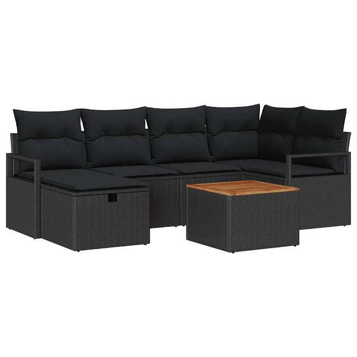 Havesofa Sæt med pude med opbevaring 7 pcs Sort polyrattan