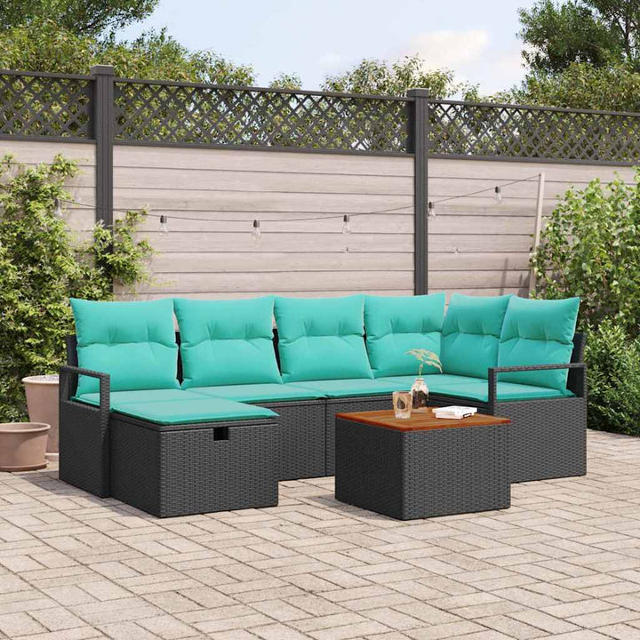Havesofa Sæt med pude med opbevaring 7 pcs Sort polyrattan