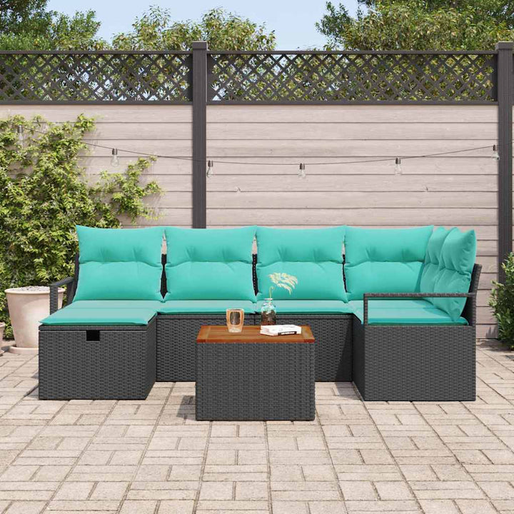 Havesofa Sæt med pude med opbevaring 7 pcs Sort polyrattan