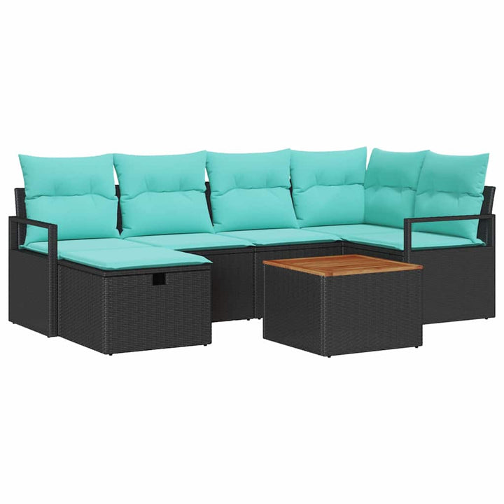 Havesofa Sæt med pude med opbevaring 7 pcs Sort polyrattan