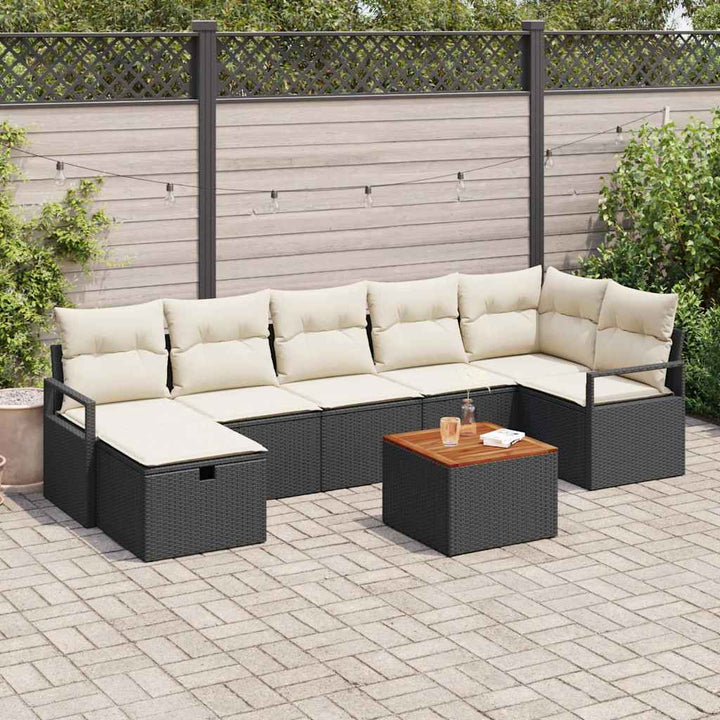 Havesofa Sæt med pude med opbevaring 8 pcs Sort polyrattan
