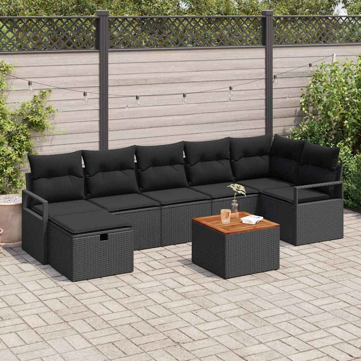 Havesofa Sæt med pude med opbevaring 8 pcs Sort polyrattan