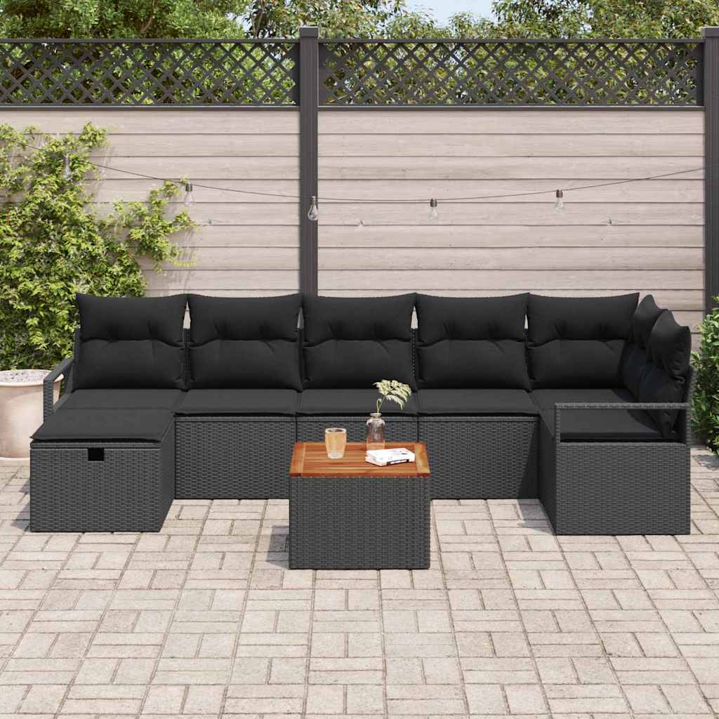Havesofa Sæt med pude med opbevaring 8 pcs Sort polyrattan