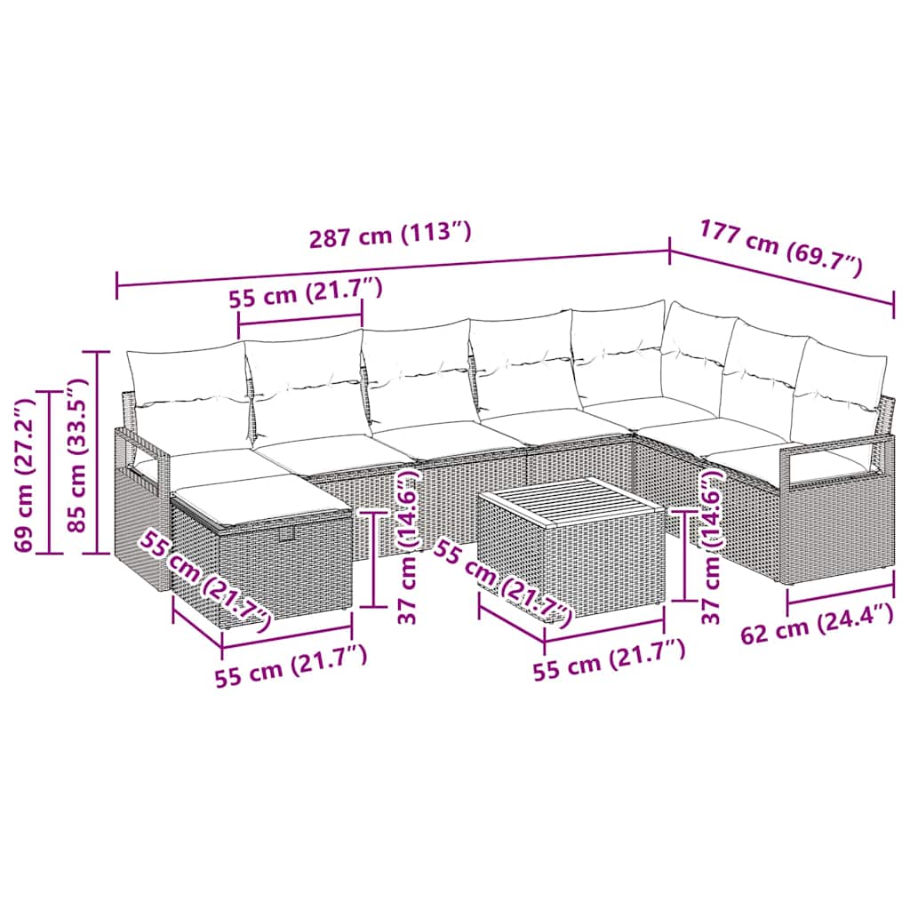 Havesofa Sæt 9 stk. Sort polyrattan