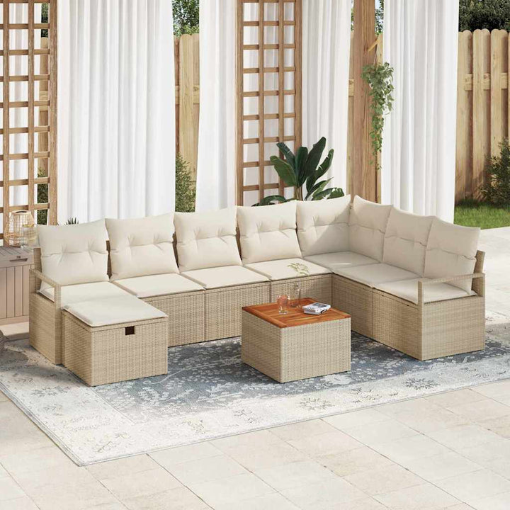 Havesofa Sæt med pude med opbevaring 9 pcs Beige polyrattan