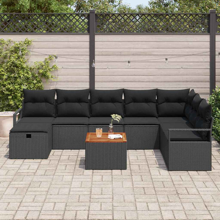 Havesofa Sæt med pude med opbevaring 9 pcs Sort polyrattan