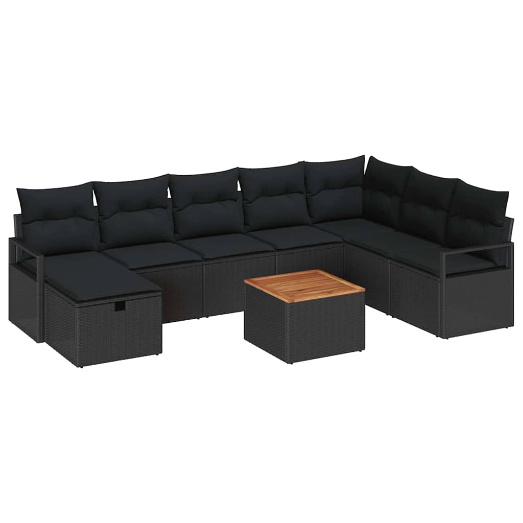 Havesofa Sæt med pude med opbevaring 9 pcs Sort polyrattan