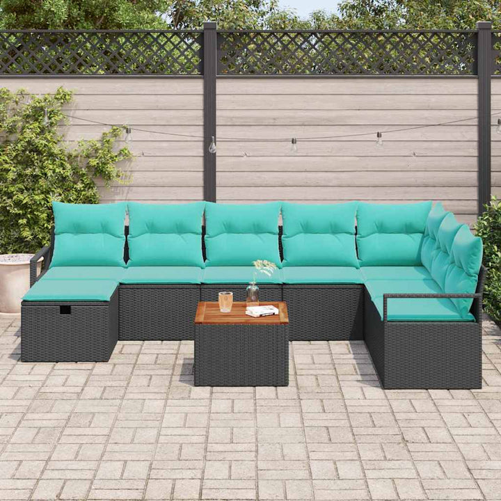 Havesofa Sæt med pude med opbevaring 9 pcs Sort polyrattan