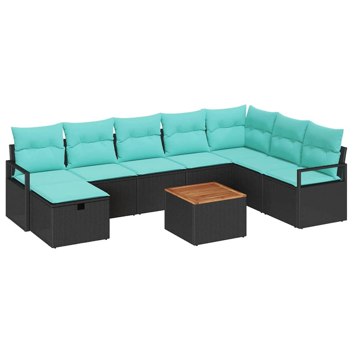 Havesofa Sæt med pude med opbevaring 9 pcs Sort polyrattan
