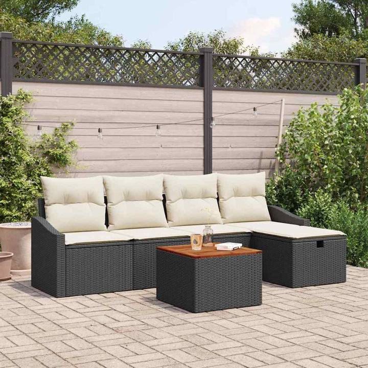Havesofa Sæt med pude med opbevaring 6 pcs Sort polyrattan